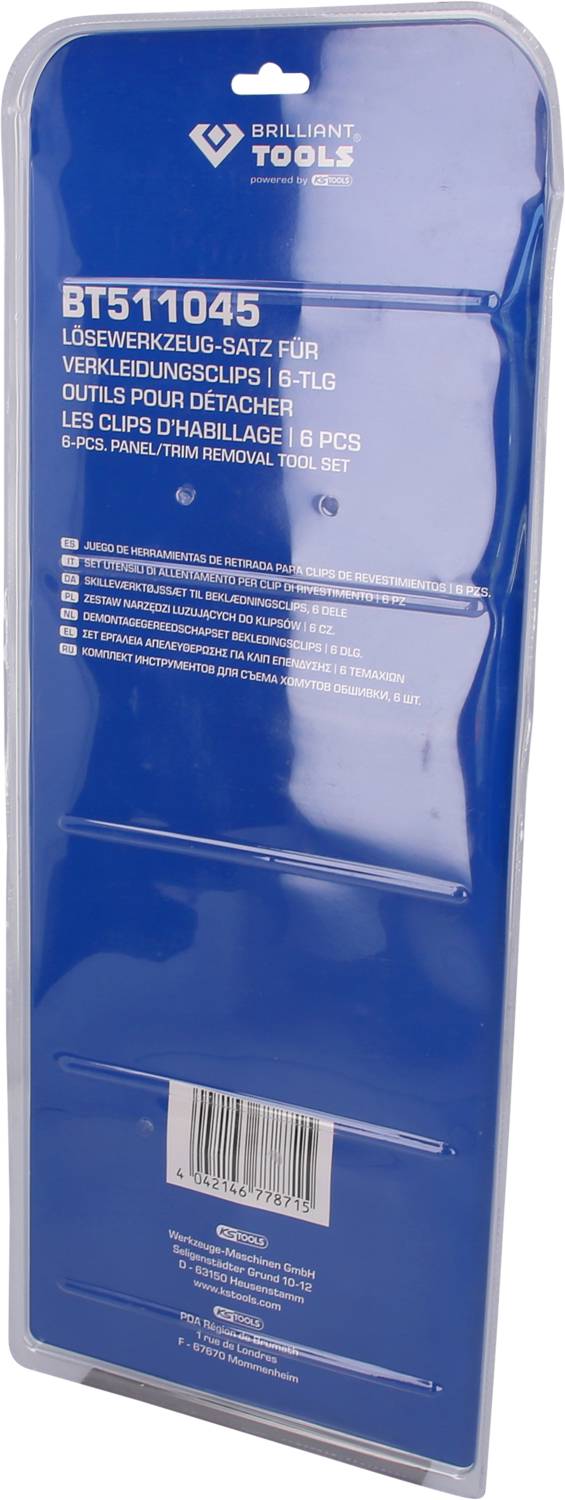 Verpakking voor 'BT511045 Demontage-gereedschapset voor sierclips, 6-delig' van Brilliant Tools.