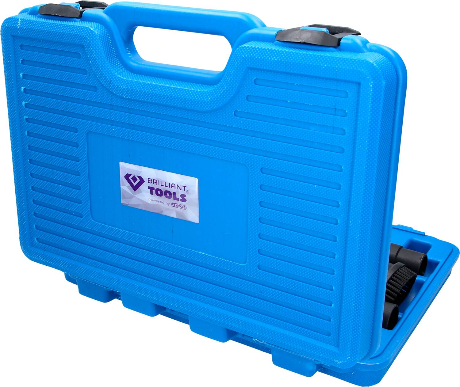 Blauwe gereedschapskoffer met logo 'Brilliant Tools'.