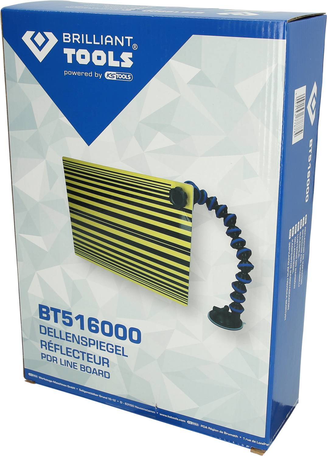 Verpakking van een Brilliant Tools Deukenspiegel BT516000, toont een gestreept reflectiebord met een flexibele arm voor deukverwijdering.