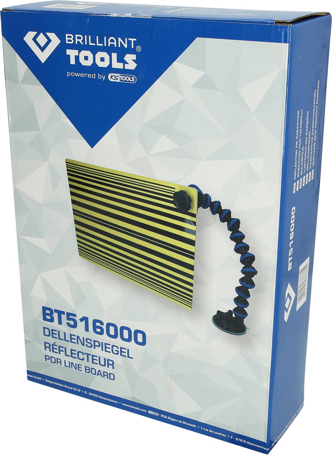 'Dellenspiegel BT516000' op een verpakking, toont een reflectiebord met blauw-gele strepen en een flexibele houder.