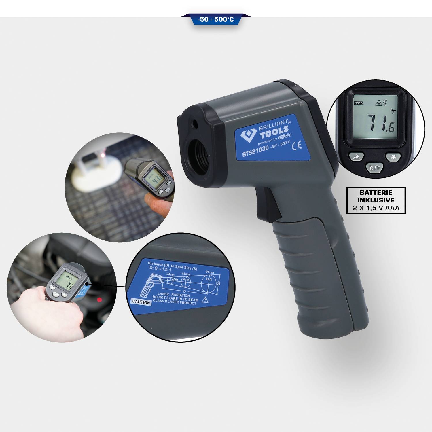 Infrarood-thermometer toont 71,6°C. Bevat 2 AAA-batterijen. Handleiding en waarschuwingen op het blauwe oppervlak van het apparaat.
