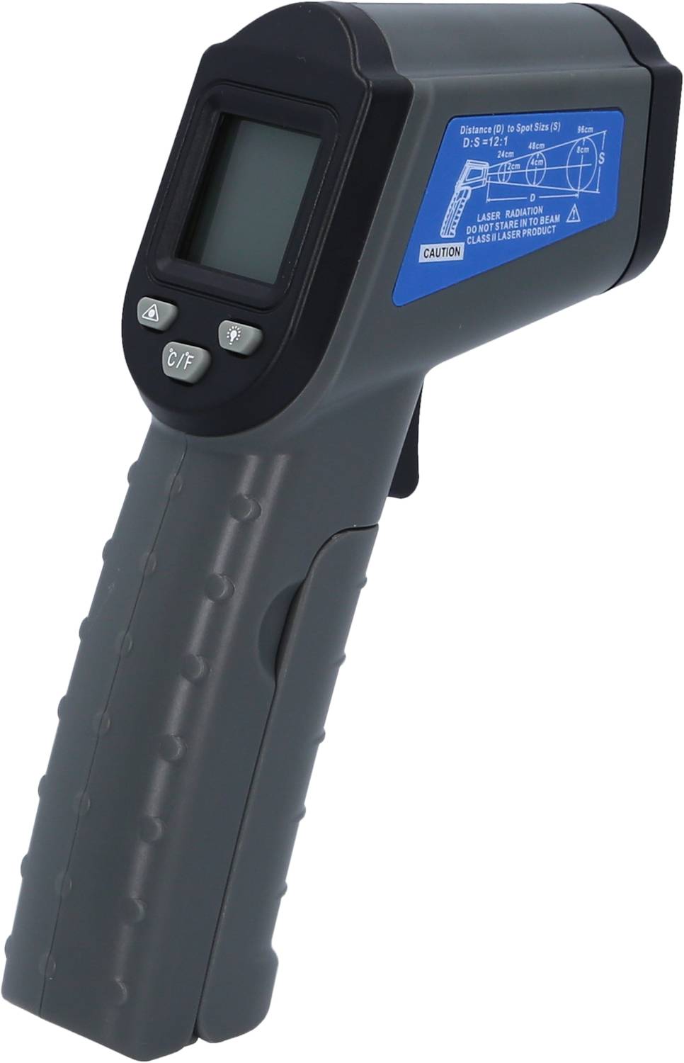Een infrarood-thermometer in pistoolvorm met een zwarte behuizing en een blauw displayveld dat temperatuurmetingen weergeeft.
