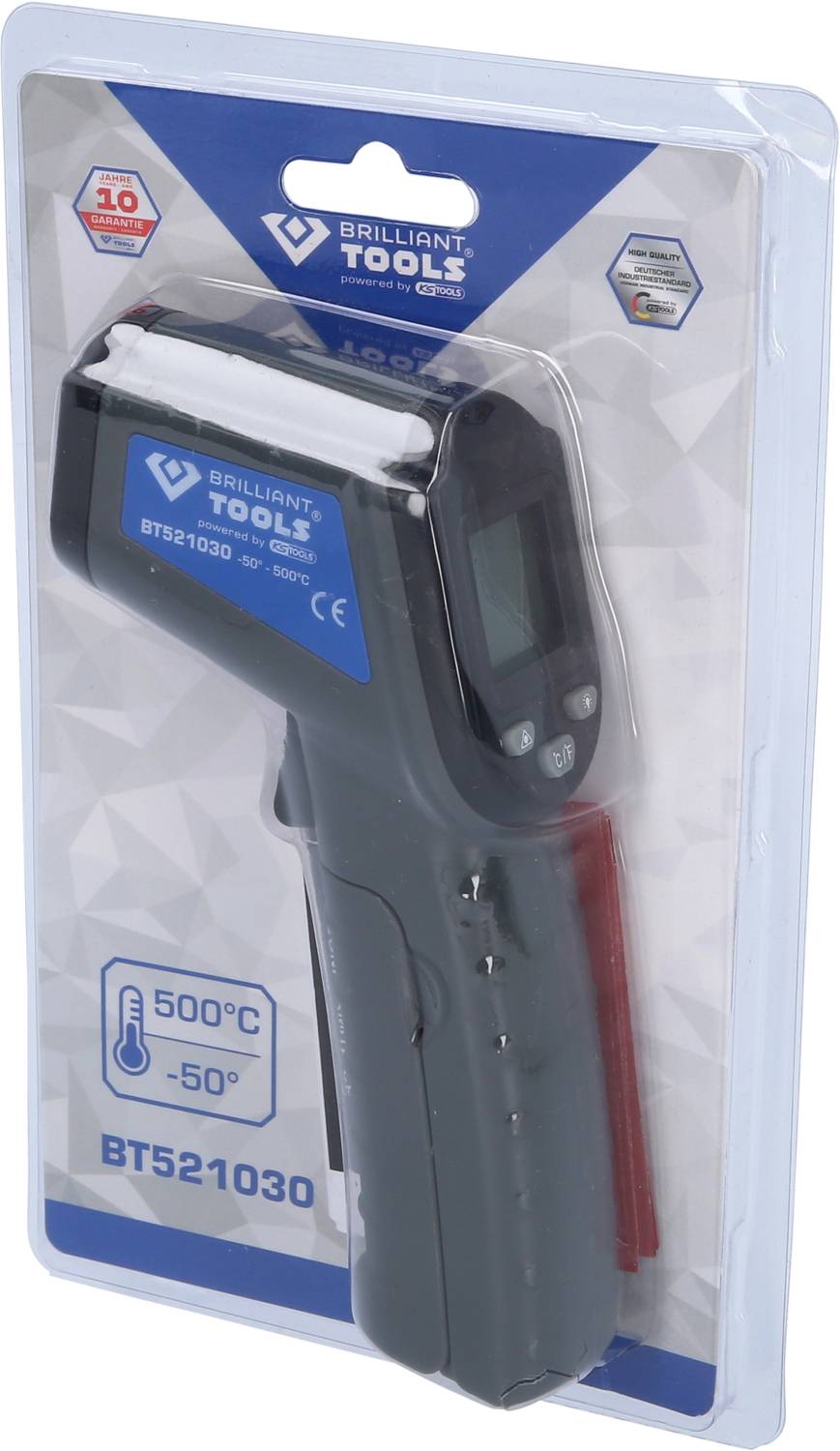 Het beeld toont een infrarood-thermometer in zijn verpakking met een meetbereik van -50°C tot 500°C, merk 'Brilliant Tools'.
