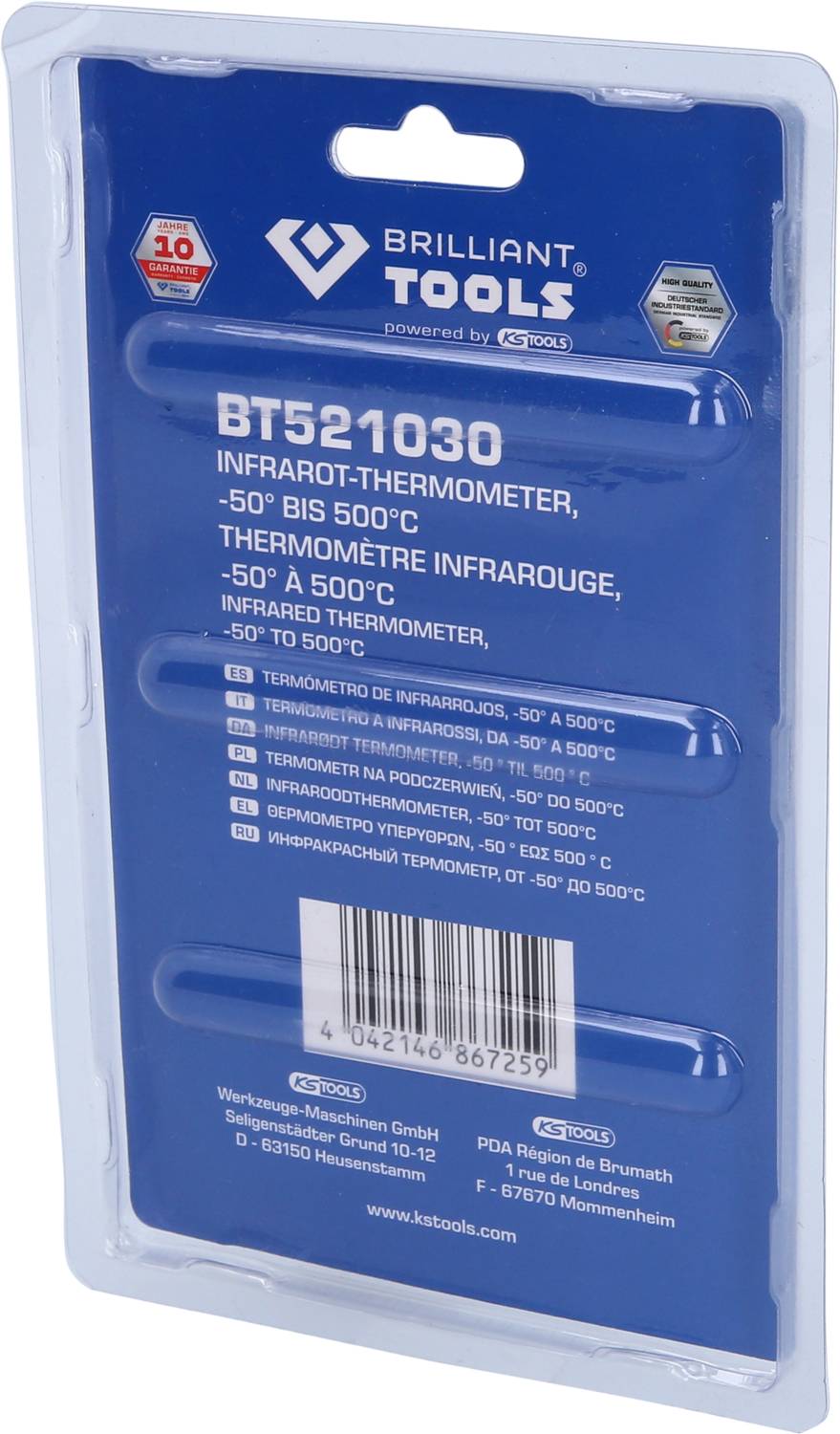 'Brilliant Tools BT521030 Infrarood-thermometer', meet temperaturen van -50°C tot 500°C, herkent nauwkeurige oppervlaktetemperaturen.
