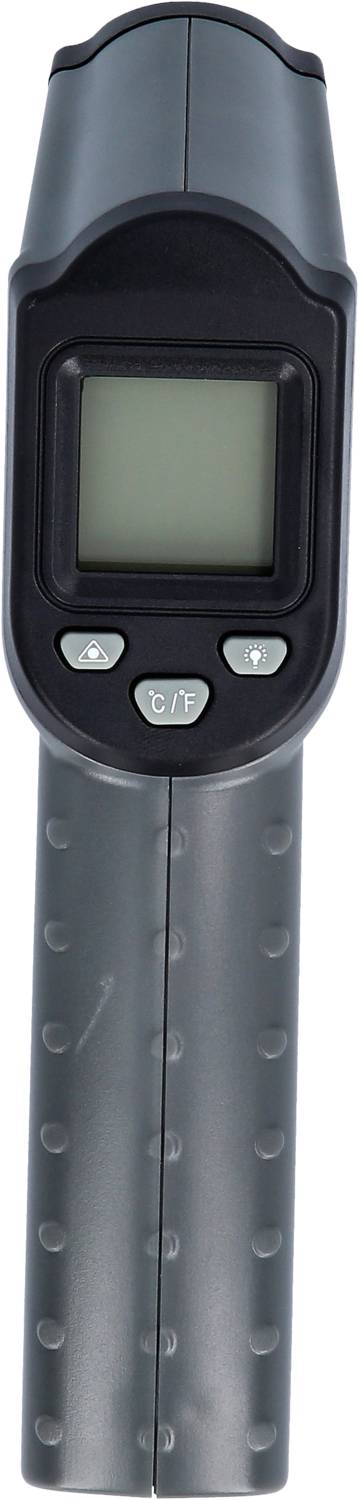 Een digitale thermometer met display en zwarte toetsen op een grijze greep.