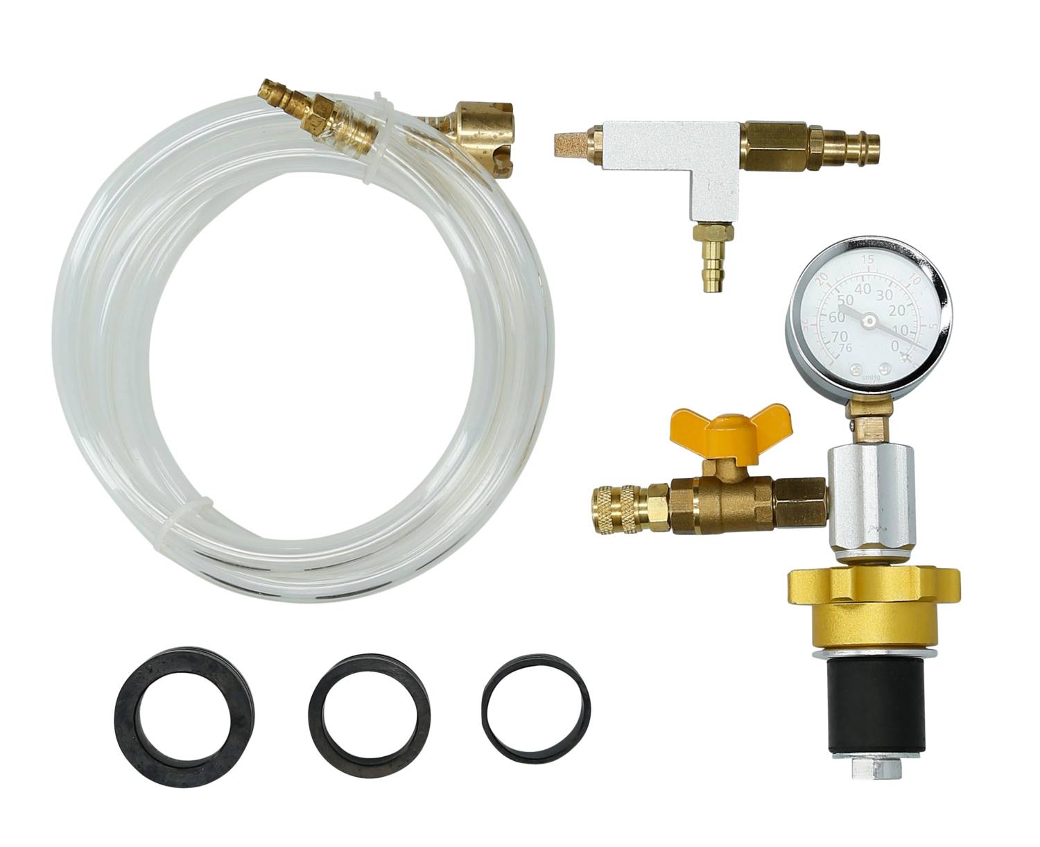 Drukregelaar-set met manometer, slangen en aansluitstukken. Gebruikt voor het regelen van de druk in vloeistofinstallaties.