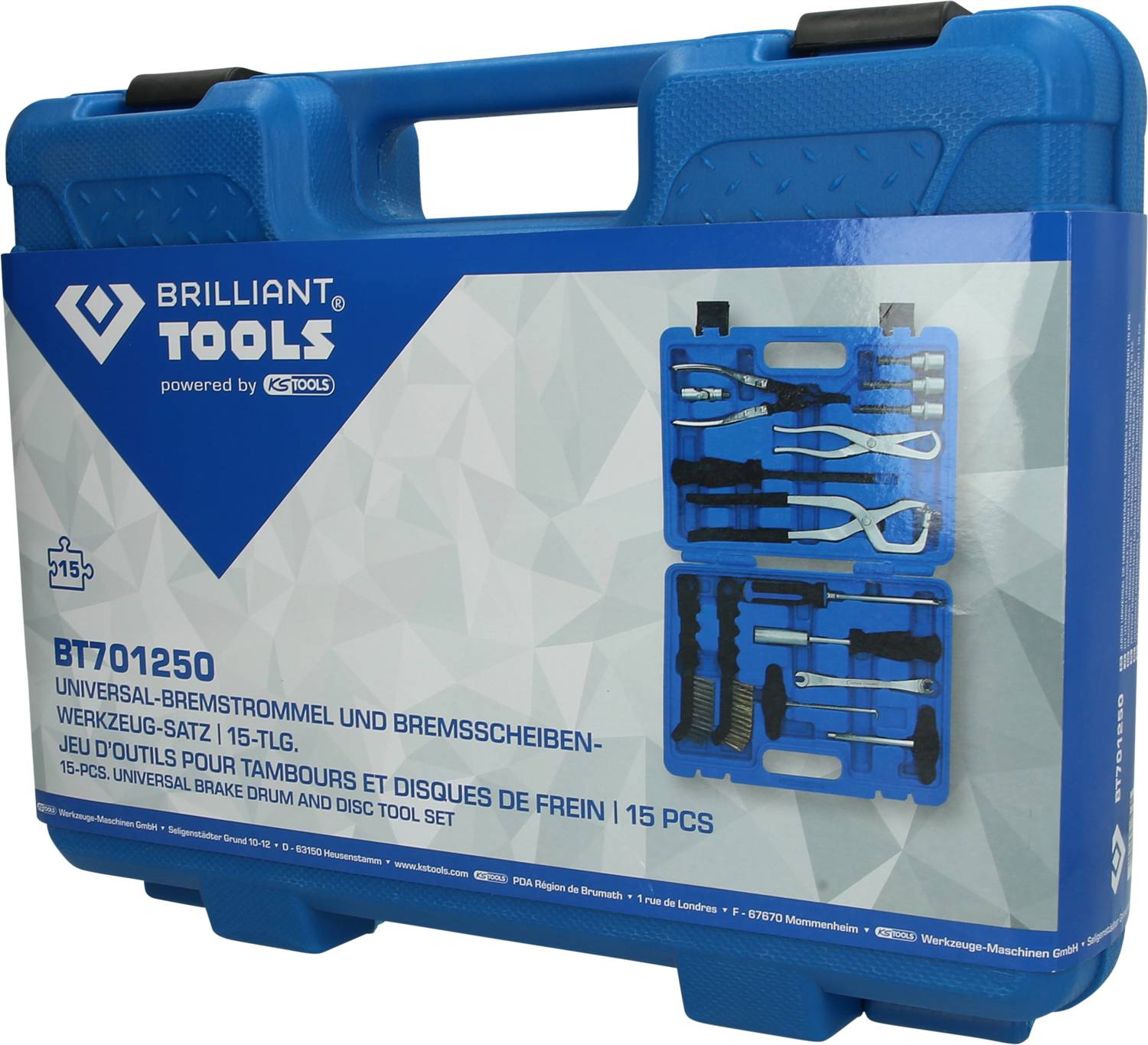 Blauwe gereedschapskoffer met opschrift 'Brilliant Tools'. Bevat universele rem-trommel en remschijf gereedschapsset, 15-delig.