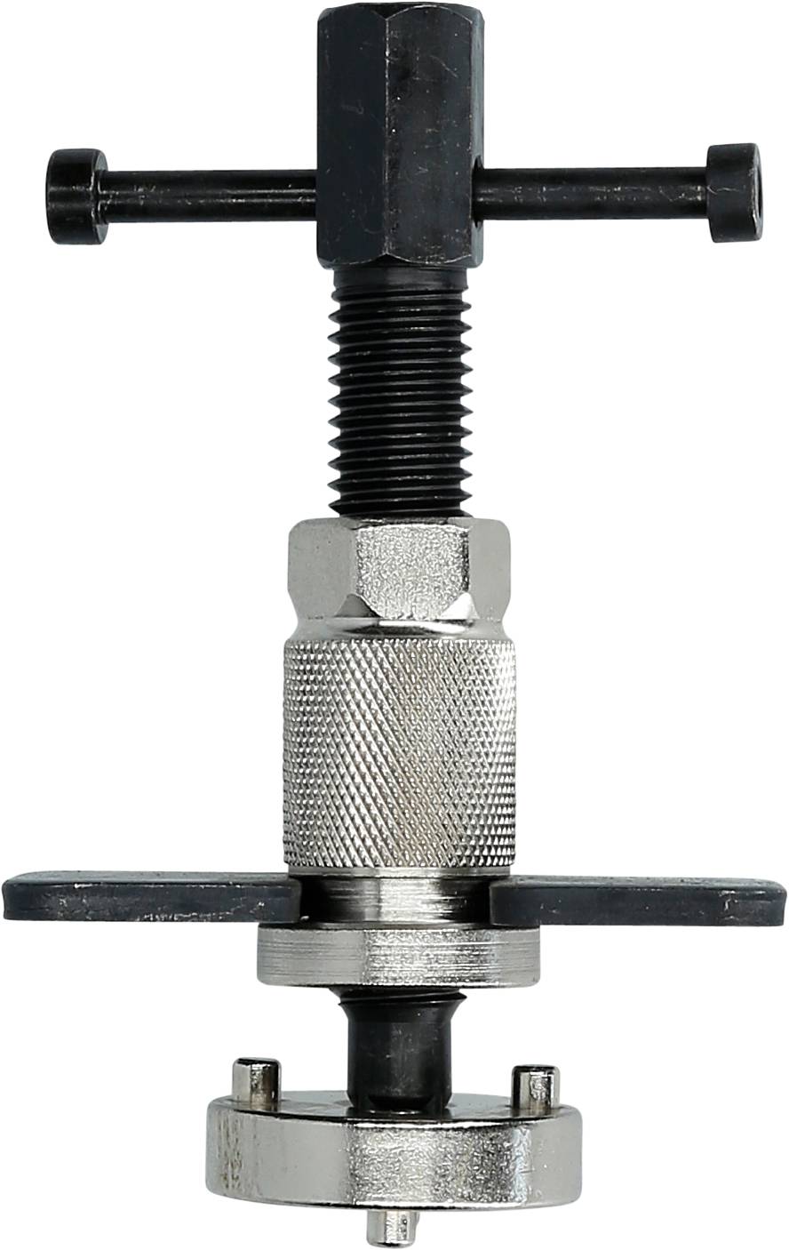 Een zilveren remzuiger terugsteller met geribbelde handgreep en zwarte T-vormige handgreepkop.