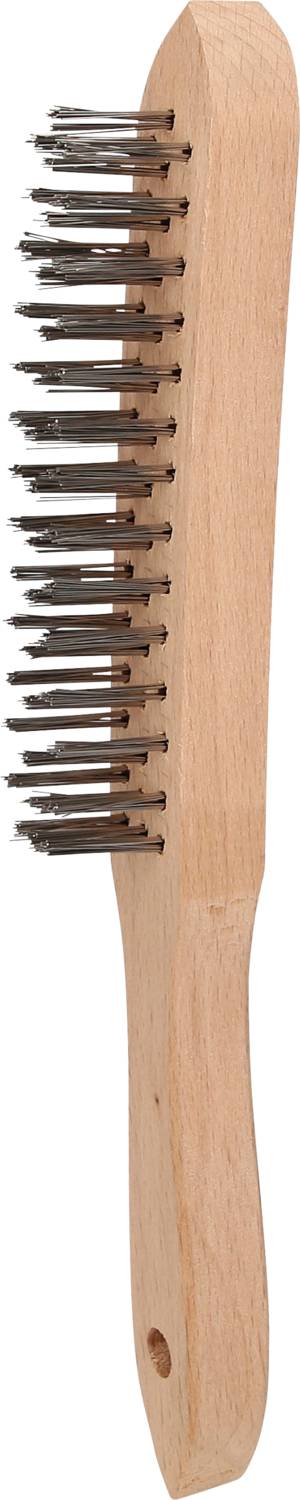 Houten handgreep stalen borstel met dichte, metalen borstelharen, gebruikt voor het reinigen van oppervlakken of het verwijderen van roest.