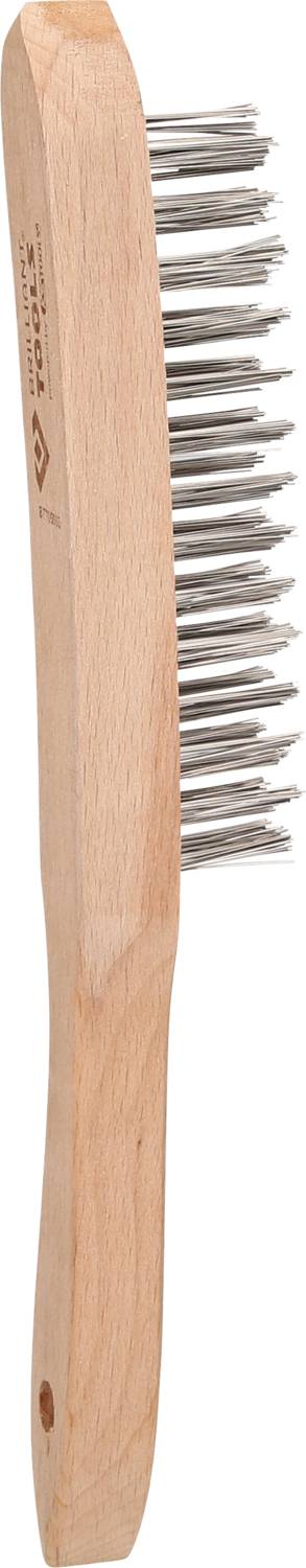 Houten handgreepborstel met lange metalen borstels, geschikt voor zware schoonmaakwerkzaamheden of het verwijderen van roest en verf.