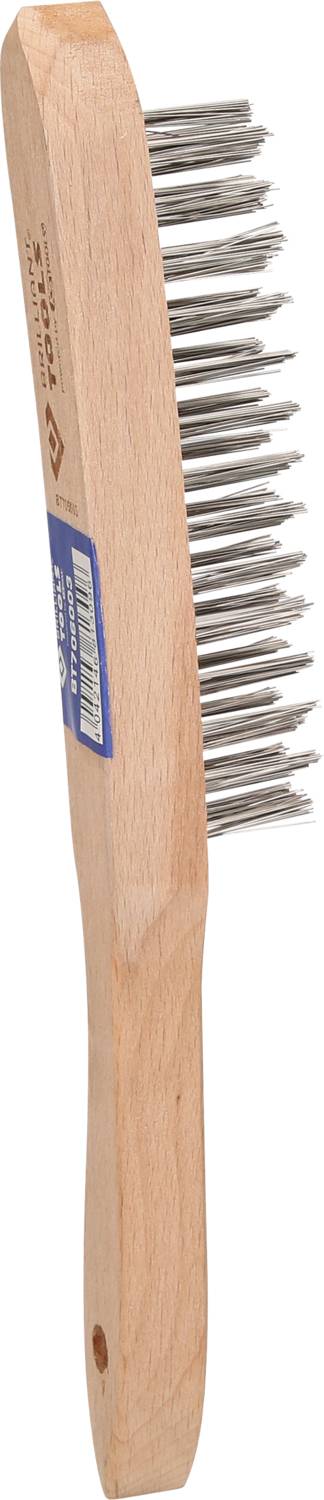 Een staalborstel met houten handvat en metalen borstels, vaak gebruikt voor het reinigen van oppervlakken.