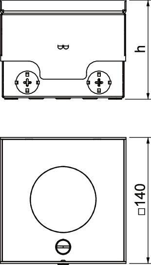 Technische tekening van een vierkant onderdeel met twee aanzichten. Bovenaan de afmetingen h en B, onderaan een cirkelvormige opening op 140 mm.