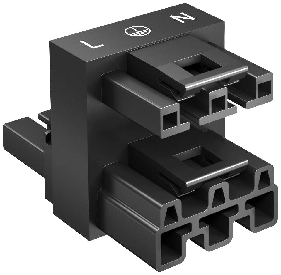 Zwarte stekker met drie aansluitingen, gemarkeerd met 'L', 'N' en het aardingssymbool. Gebruikt voor elektrische aansluiting.