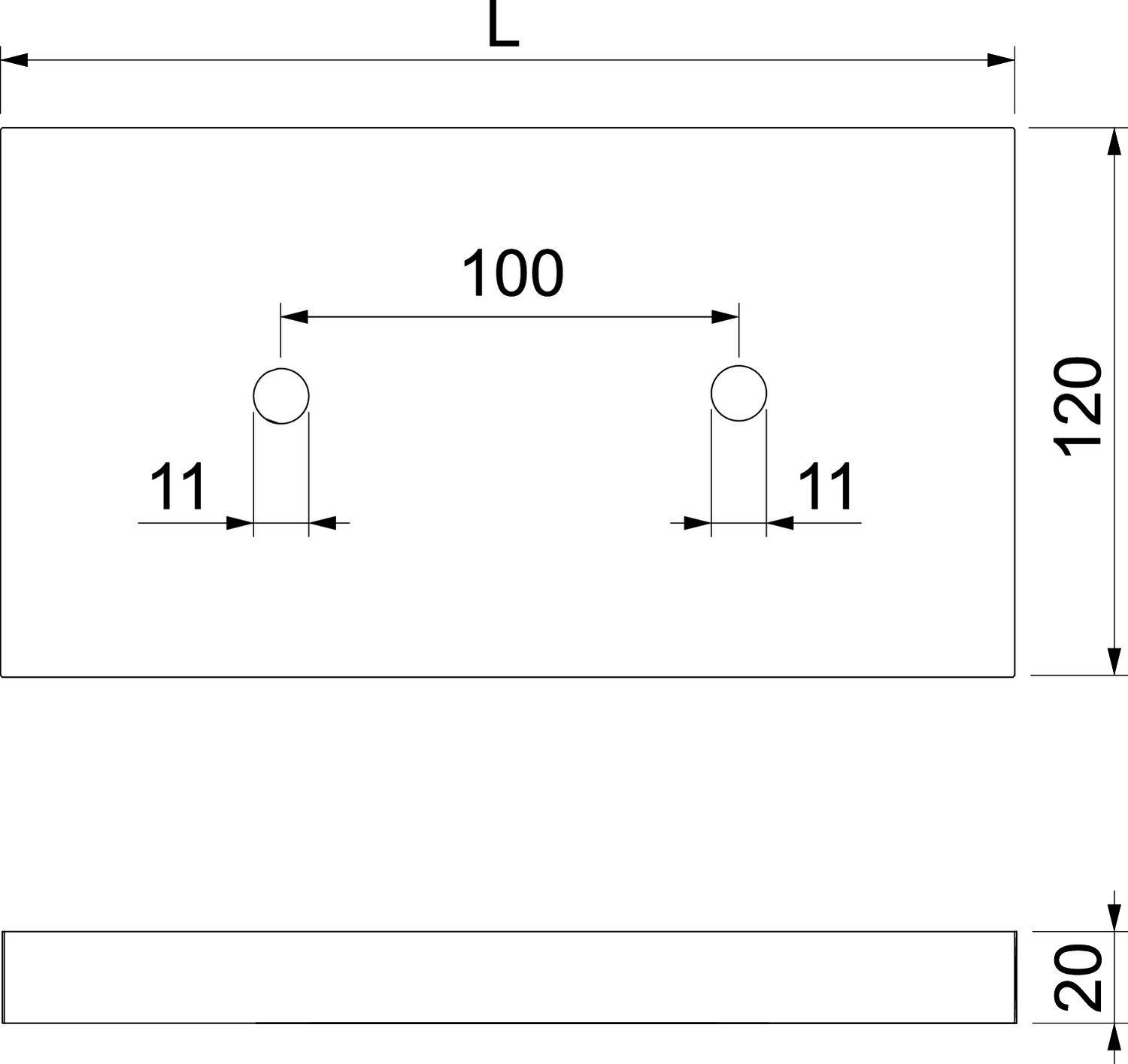 Technische tekening van een rechthoekig onderdeel met twee geboorde gaten op een onderlinge afstand van 100 mm. Afmetingen: lengte (L), hoogte 120 mm, dikte 20 mm.