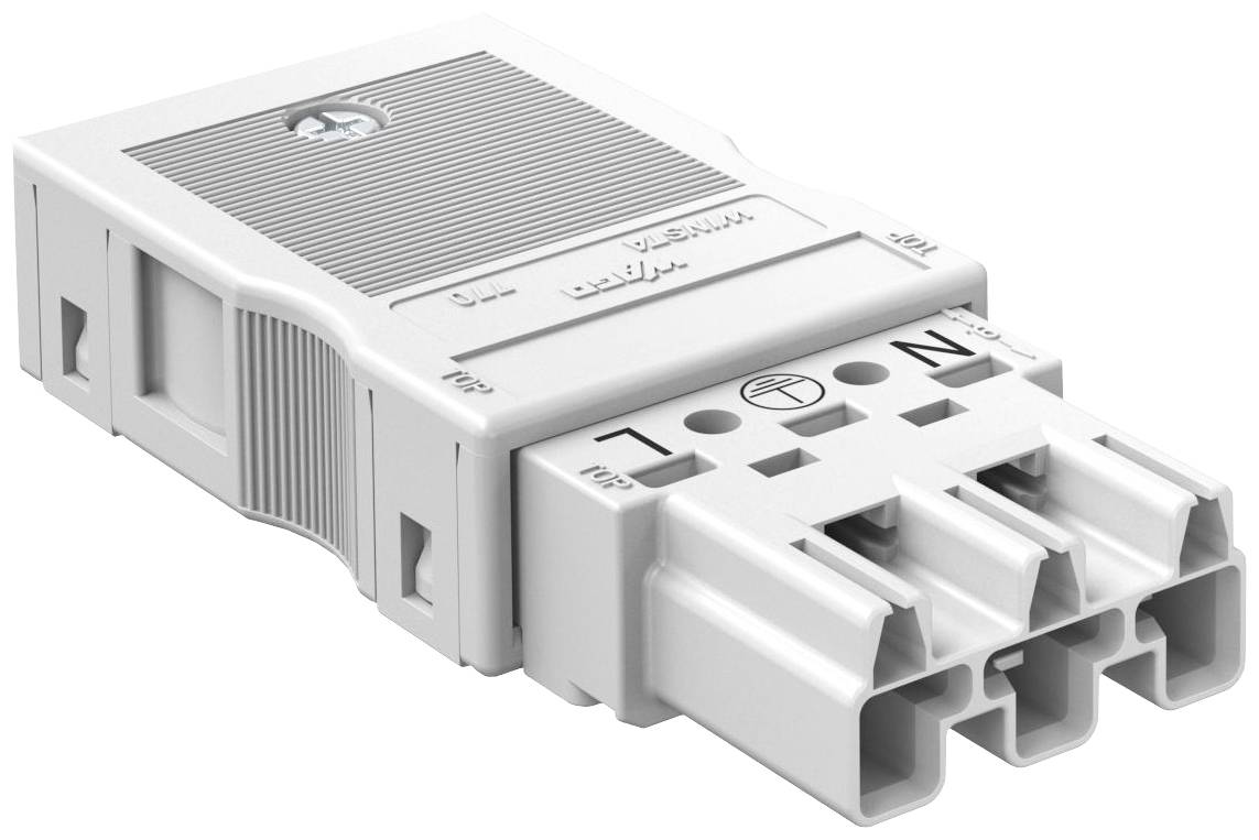 Een witte elektrische stekker met drie contactopeningen en een kabelhouder. Bovenaan zijn symbolen en labels.