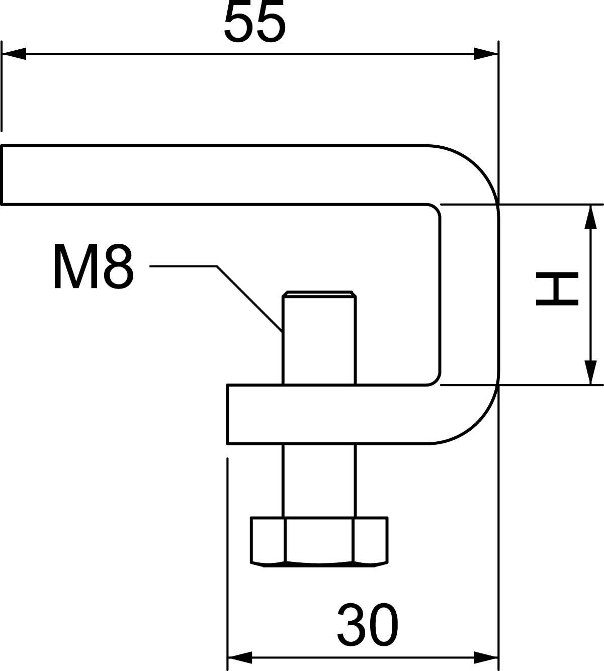 Technische tekening van een L-vormige metalen haak met klemschroef, lengte 55 mm, schroefmaat M8, hoogte verstelbaar.