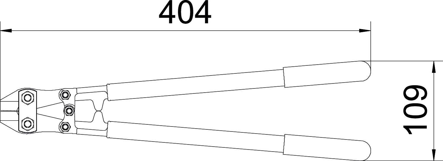 Technische tekening van een bouten/nagels knipper bovenaanzicht met afmetingen: Lengte 404 mm, Breedte 109 mm.