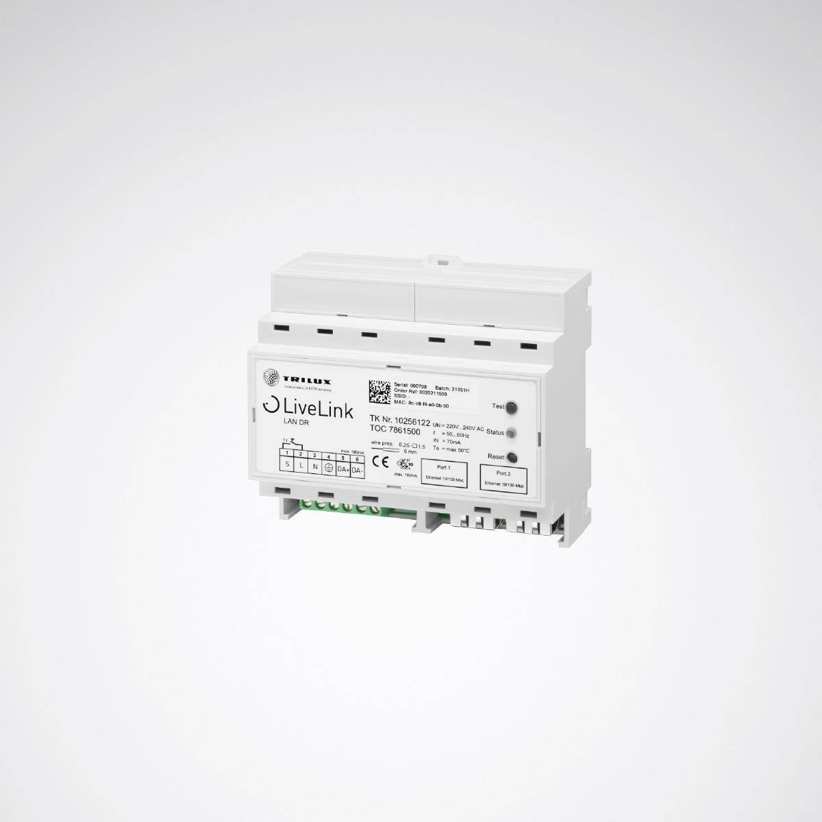 Een wit elektrisch stuureenheidapparaat met het opschrift 'LiveLink' en technische specificaties op een etiket.