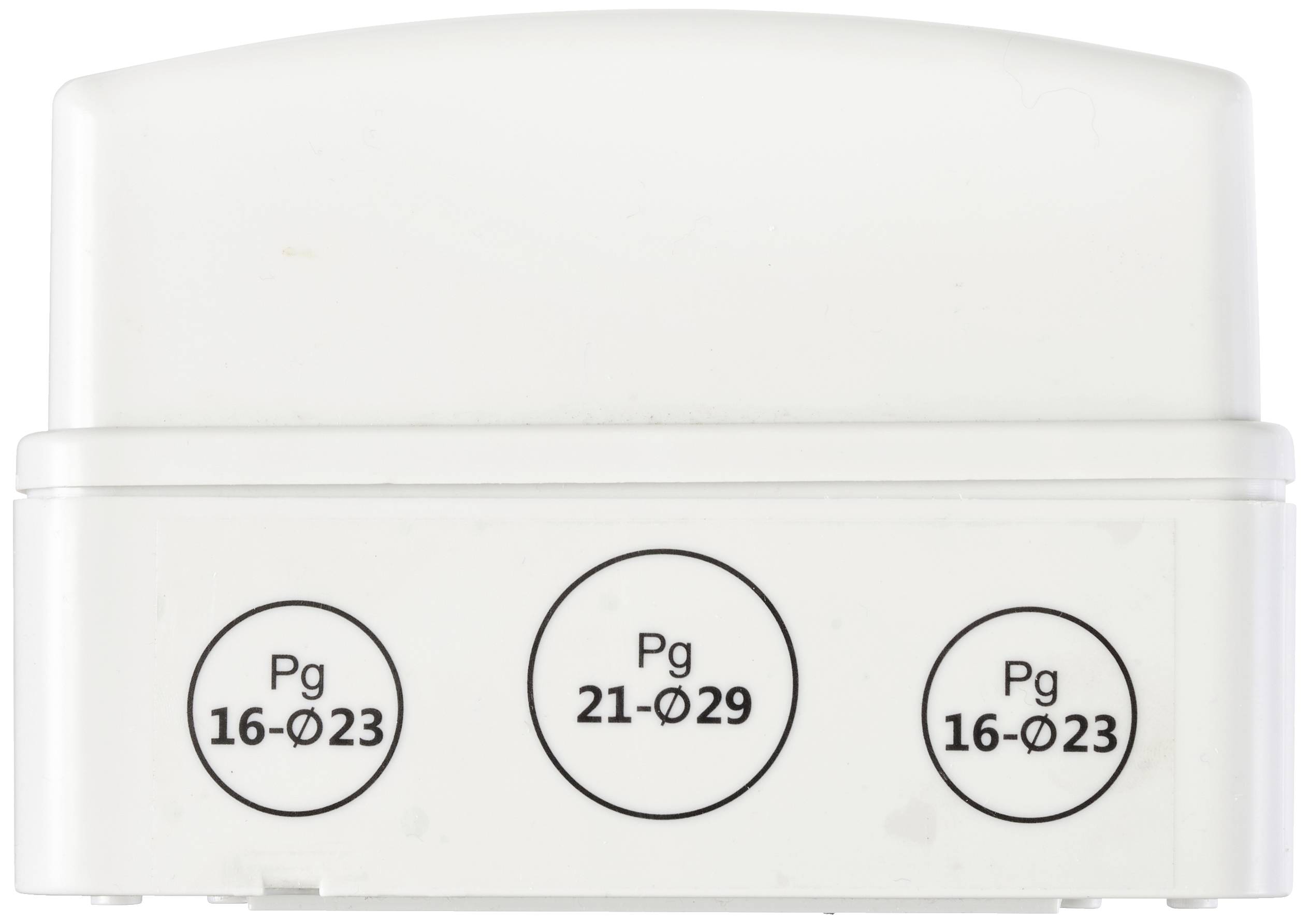 Witte aftakdoos met drie ronde kabelopeningen: twee Pg 16-Ø23, één Pg 21-Ø29.