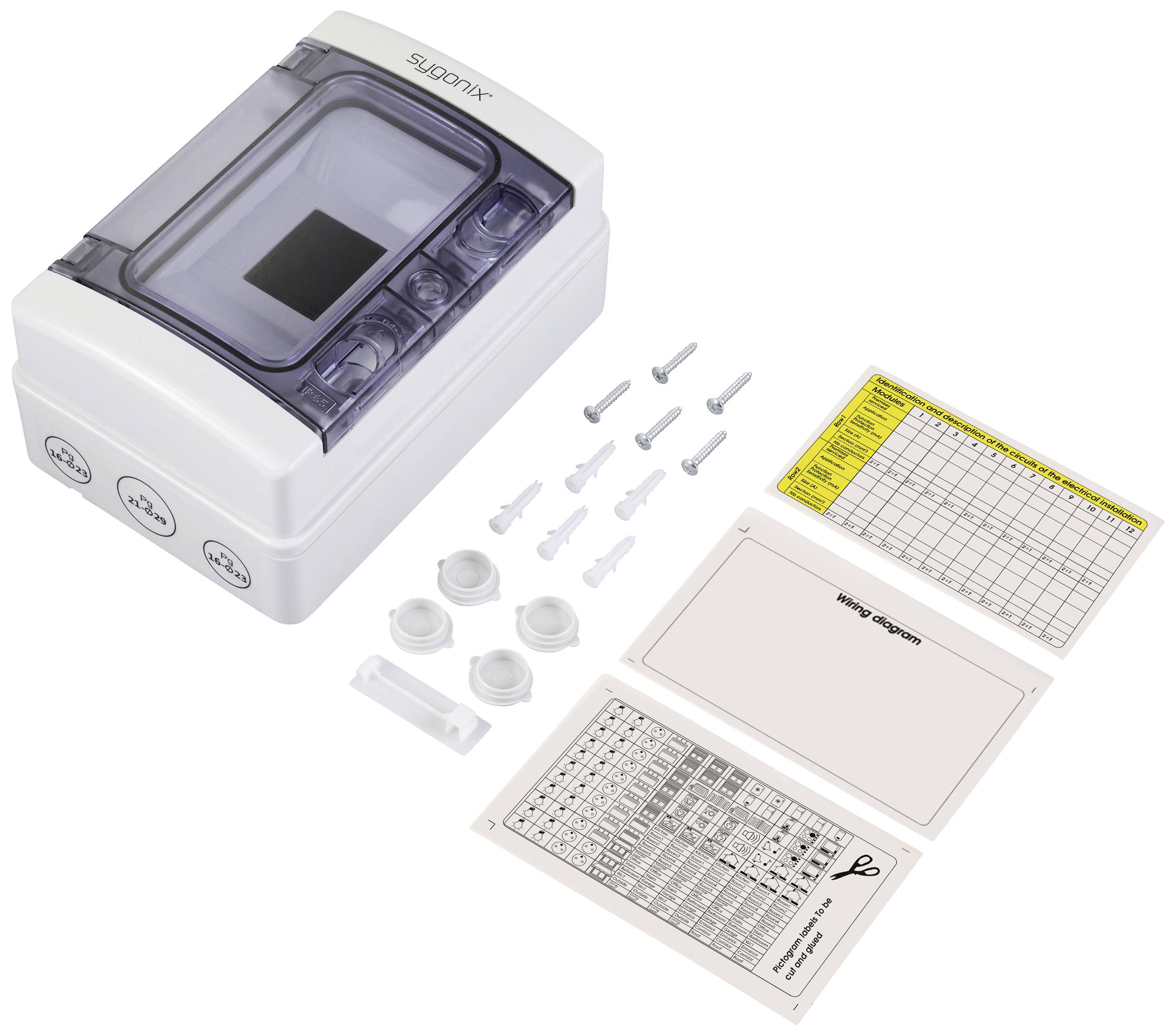 Een schakelkast met een transparante deksel en kabelingangen. Naast de kast liggen bevestigingsschroeven en twee technische diagrammen.