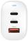 Een oplader met twee USB-C-poorten, gemarkeerd met 'PD3.0', en een USB-A-poort.