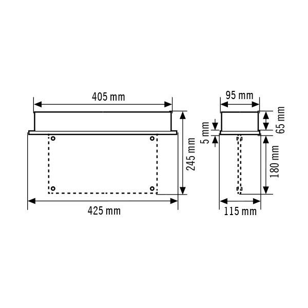 Technische tekening van twee rechthoekige objecten met afmetingen. Links: 425x245x405 mm, Rechts: 115x180x65 mm. Maatvoering in millimeters.