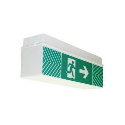 Groen nooduitgangsbord met een witte pijl naar rechts geeft de vluchtrichting aan. Pictogram van een persoon die door een deur rent.