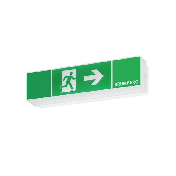 Nooduitgang met groen schild toont een vluchtend mannetje en pijl naar rechts in de richting van de nooduitgang, tekst 'Brumberg'.