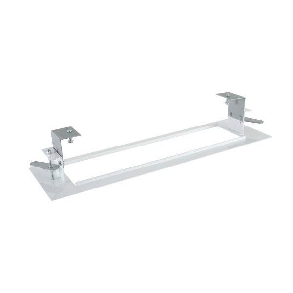Metalen beugel voor het bevestigen van voorwerpen, rechthoekig met twee houders aan de uiteinden, op een witte achtergrond.