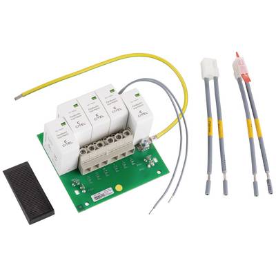 Overspanningsbeveiligingsmodule met vier aansluitingen, aangesloten kabels en toebehoren. Dient ter bescherming van elektrische systemen.