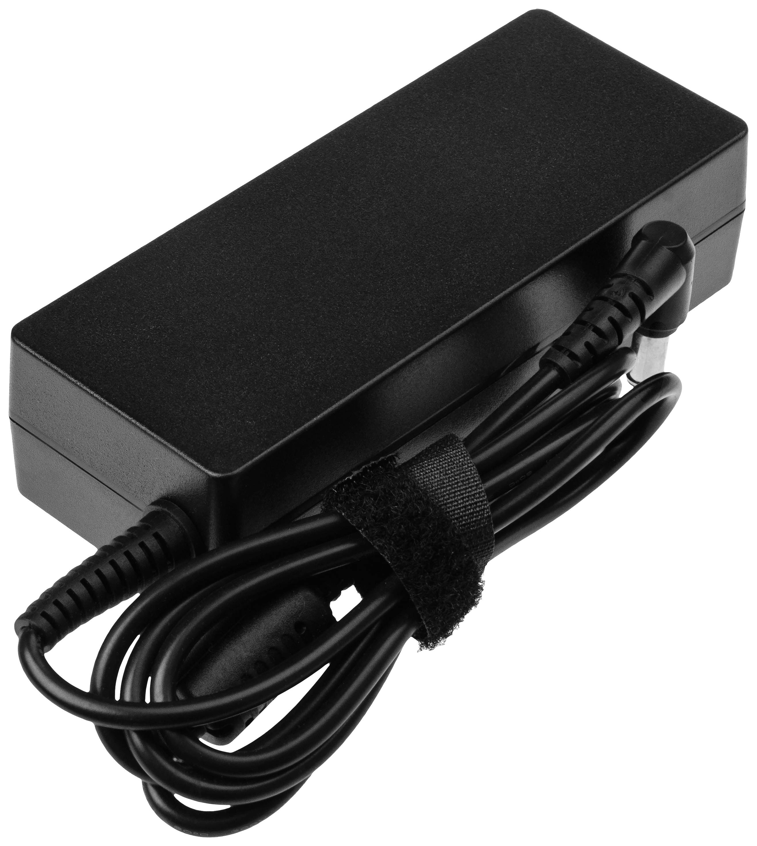 'Zwart laptoplader met aangesloten kabel die is samengebonden.'