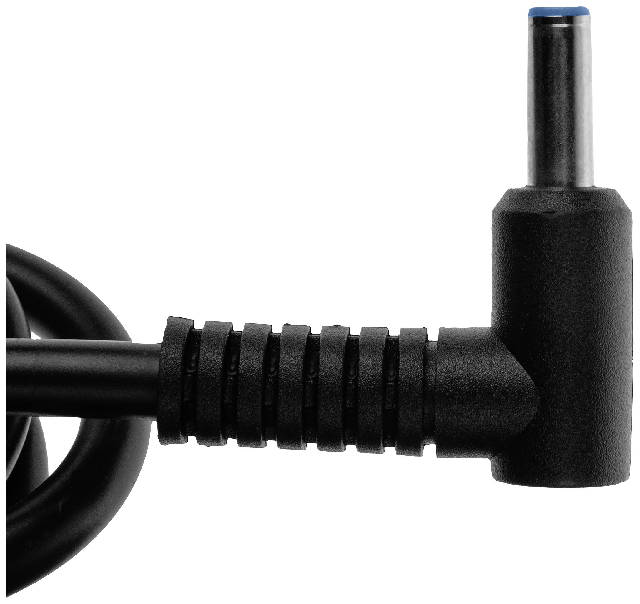Zwart laptoplader kabel met haakse stekker en blauwe ring aan het uiteinde, geïsoleerd op een witte achtergrond.