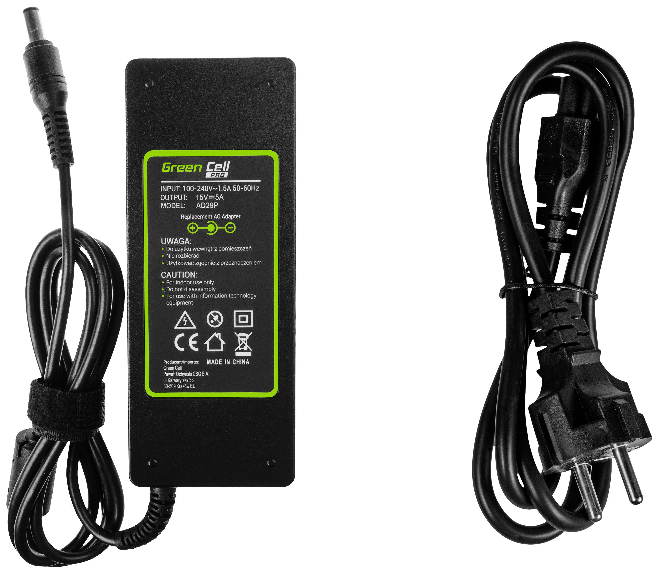 Voedingsadapter met kabel en stekker, model van Green Cell. Ingangsspanning: 100-240V, uitgang: 20V-4.5A. Bevat waarschuwingsinstructies.