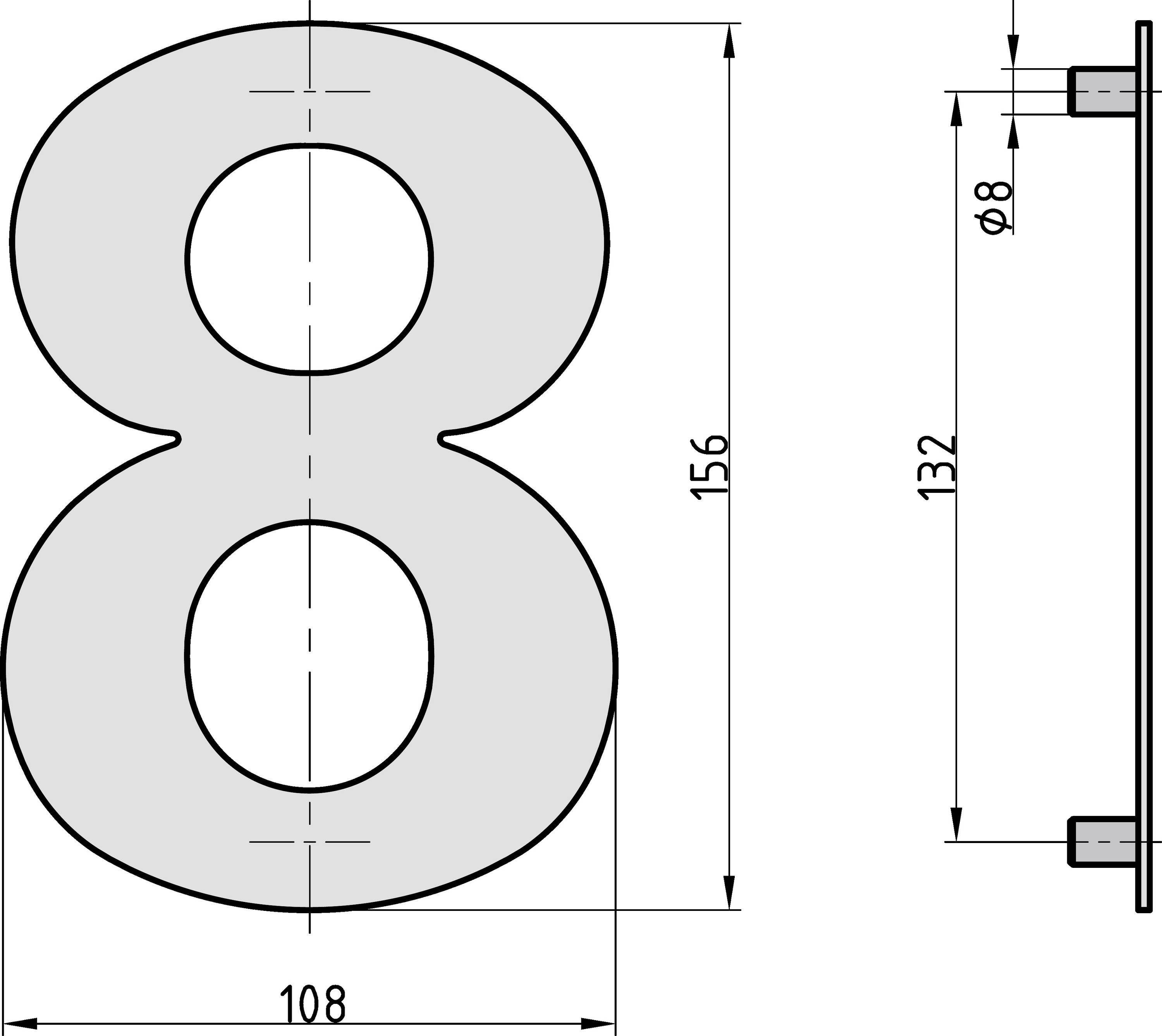 'Technische tekening van een getal 8 met afmetingen: Breedte 108 mm, hoogte 156 mm en zijdelingse diepte 8 mm. Zijaanzichthoogte 132 mm.'