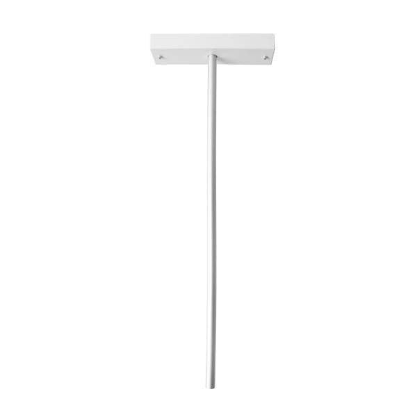 Witte metalen plafondsteun met een lange, smalle stang. Geschikt voor plafondmontage van verlichting of andere objecten.