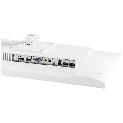 Achterkant van een witte monitor met aansluitingsmogelijkheden: HDMI, VGA, Audio, USB en USB 3.0-poorten zichtbaar.