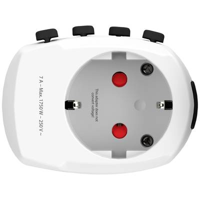Een adapter met stopcontactaansluiting toont de opdruk '7 A - Max 1750 W - 250 V~' en waarschuwt 'Deze adapter converteert geen voltage'.