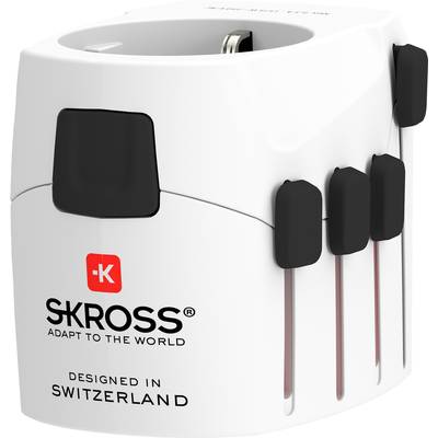 'SKROSS reisadapter, wit, met zwart logo, vervaardigd in Zwitserland, universeel toepasbaar, met meerdere uitschuifbare stekkers.'
