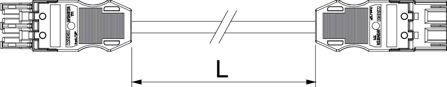 Technische tekening van een kabel met twee stekkers aan de uiteinden, verbonden door een leiding. Pijl wijst lengte 'L' aan.