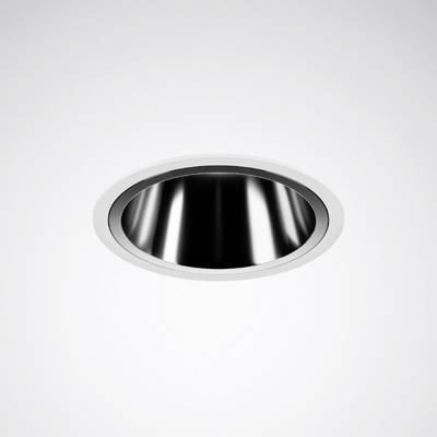 Inbouw-downlight met ronde lijst en glanzende, reflecterende oppervlakte, gemonteerd aan een witte plafond.