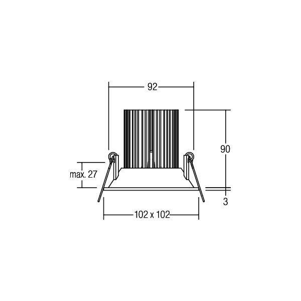 Technische tekening van een vierkante inbouwspot met afmetingen: hoogte 90 mm, breedte 92 mm, diepte 102 mm, maximale diepte 27 mm.