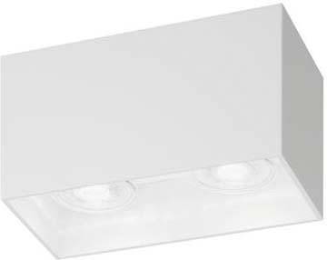 Witte, rechthoekige plafondlamp met twee geïntegreerde ronde LED-spots.