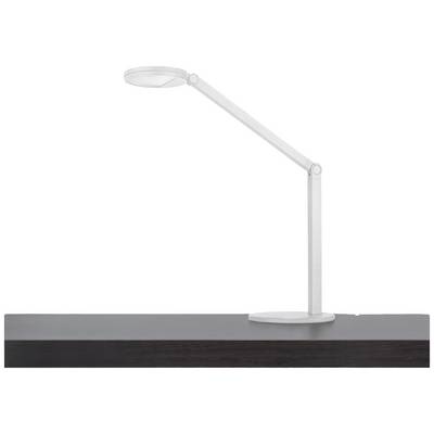 Een moderne, witte bureaulamp met verstelbare arm staat op een zwarte tafel.