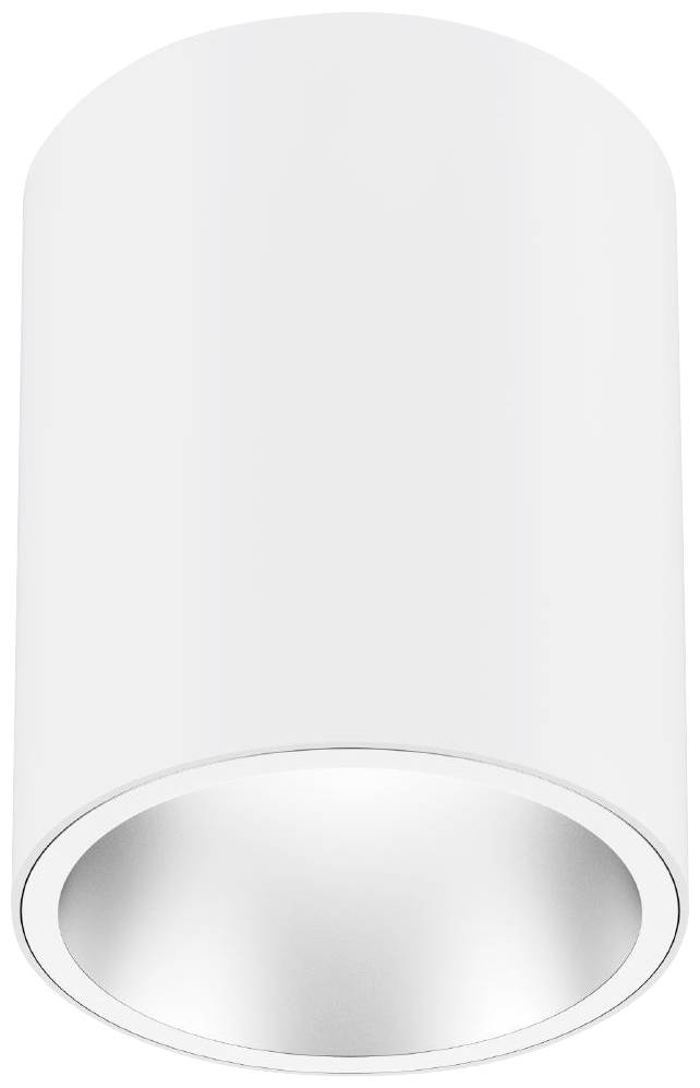 Een cilindrische, witte plafondspot met een strak, modern design.