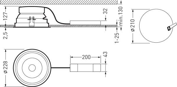Technische tekening van een ronde, plafondgemonteerde luidspreker met afmetingen. Zij- en bovenaanzicht tonen kabellocatie en aansluitdetails.