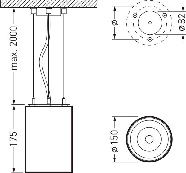 Technische tekening van een cilindrische plafondlamp met kabels; Afmetingen: hoogte 2000 mm, 82 mm en 150 mm diameter.
