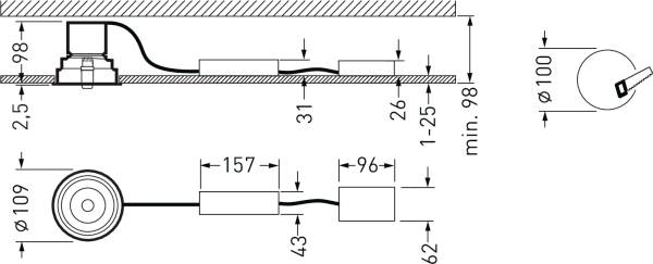 Technische tekening van een cirkelvormige sensor met kabelaansluiting. Afmetingen: diameter 109 mm, kabellengte verschillende segmenten.