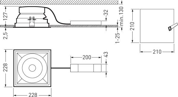 Technische tekening van een vierkante plafondluidspreker met afmetingen: 228x228 mm. Inbouwdiepte: 130 mm. Kabelaansluiting weergegeven.