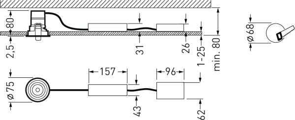 Technische tekening van een elektrisch onderdeel met maatvoering. Componenten met kabels zijn weergegeven in een lineaire configuratie.