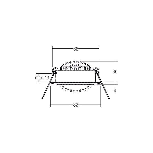 Inbouwspot met veerklemmen, afmetingen: diameter 82 mm, hoogte 36 mm, uitsparing 68 mm. Maximale plafonddikte 13 mm.